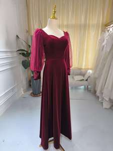 S1591N New High-Quality Hot-Selling Burgundy Velvet Long-Sleeved Wedding Long Bridal Women Evening Dress - Product Image 5