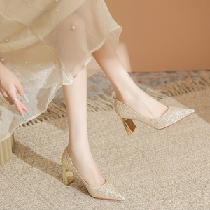 7777F Women's <b>Glitter</b> Pumps Pointed Toe <b>Block</b> <b>Heel</b> High <b>Heel</b> Silver Formal Shoes Size 35 36 37 38 39 40 - Product Image 4