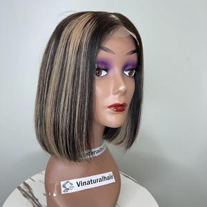 วิกผมบ๊อบผมแท้แบบผูกเชือกด้านหน้า ไฮไลท์สีน้ำตาล ผมเวียดนามแท้ เงางามดุจแพรไหม - Product Image 1