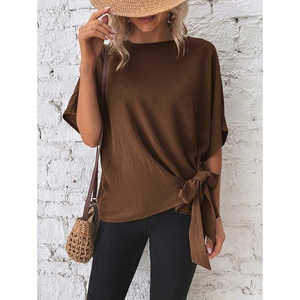 Nouveau T-shirt ample pour femme à manches chauve-souris et ourlet noué, couleur unie, tendance été - Product Image 4