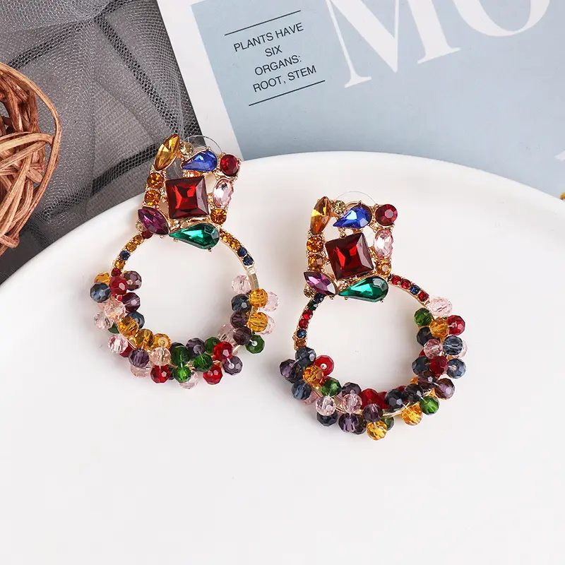 winding geometric Colorful rhinestone Dangle Drop earrings Beads Round Handmade crystal earrings and jewelry