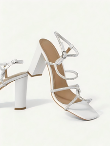 Elegante zomerse dames sandalen met vierkante neus, strass steentjes, PU, hoge schacht, instapper, trendy, ultrahoge dikke hakken - Product Image 1