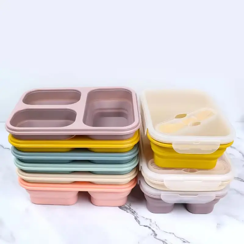 Diskon besar wadah makanan lipat silikon kualitas makanan kotak Bento untuk piknik dan berkemah