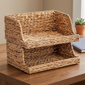 Rustic Rectangle Natural Water Hyacinth Storage <b>Baskets</b> <b>Stackable</b> Open Front Multi-Purpose Eco-Friendly Woven Organizer - Product Image 2