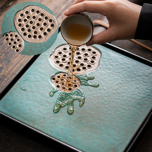 Bandeja de té de cerámica retro, cuadrada, con esmalte azul celeste, diseño de semilla de loto, reutilizable, pequeña mesa de té para preparación en seco - Product Image 5