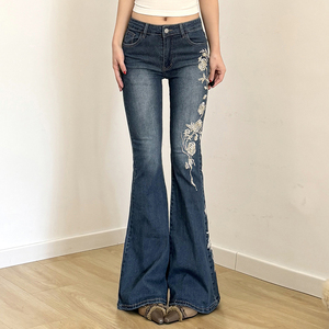 Rose Embroidered Washed Flared <b>Jeans</b> <b>Low</b> Rise Button Detail Denim Pants Y2K <b>Street</b> Casual Fashion - Product Image 5