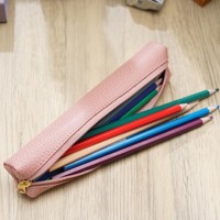Trousse à crayons en cuir véritable grain litchi, style mignon, avec fermeture éclair, pour étudiants