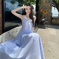 Robe longue bleu clair rayée à col marin, style preppy, sans manches, coupe trapèze, élégante robe d'été pour les vacances à la plage pour femme