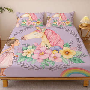 Juego <span class=keywords><strong>de</strong></span> 3 Sábanas Ajustables con Estampado <span class=keywords><strong>de</strong></span> Unicornio y Princesa para Niñas, Sábanas con Fundas <span class=keywords><strong>de</strong></span> Almohada con Diseño Floral y Arcoíris - Product Image 2