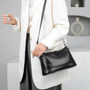 Genuine Plain Leather Ladies Shoulder Bag Fashionable Multi Compartment Solid Color Top Layer Cowhide Women's Handbags