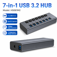 7 Portlu Güçlendirilmiş USB 3.2 Gen2 Hub 10Gbps 7x USB-A Bireysel Anahtarlı Alüminyum FCC/CE Sertifikalı Stokta