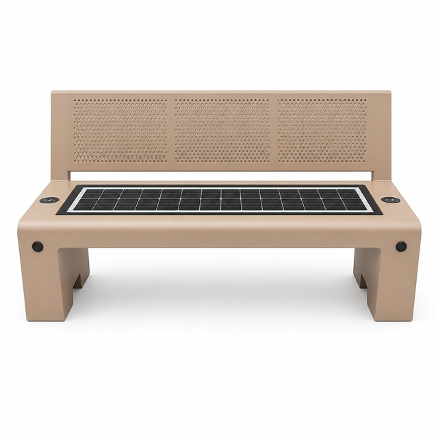 Solar Powered Smart Bench Outdoor Patio Metal Seat with Wireless Charging LED Light Modern Design