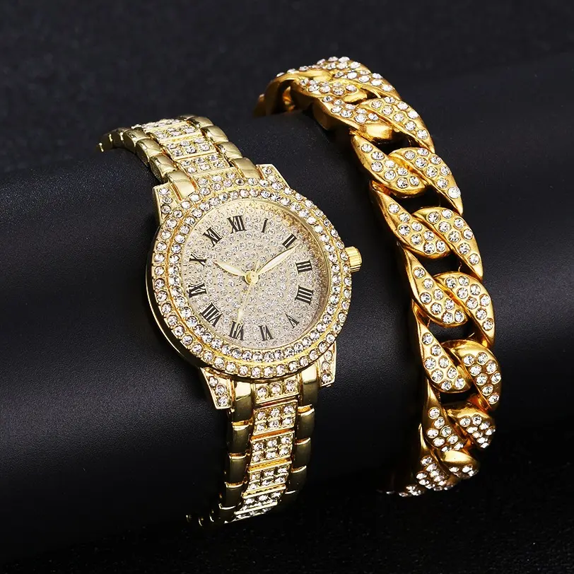 Vente en gros Ensemble montre-bracelet en plaqué or, montre à quartz avec strass, bracelet design personnalisé en diamant, cadeau pour femme