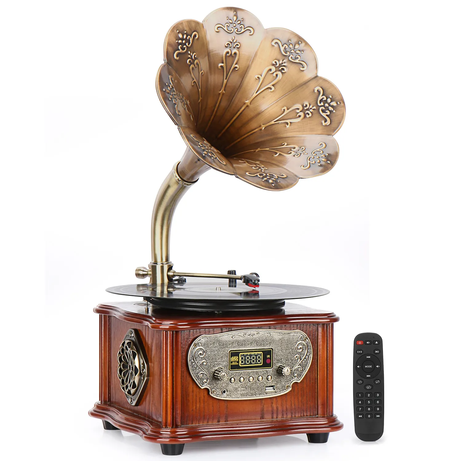 Mini Gramophone Phonograph Turntable Copper Record Player Home Decoration Built-in Bluetooth FM Radio USB Flash Drive Remote