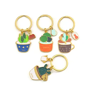 Custom gold soft enamel cute mini metal flower plant cactus keychain