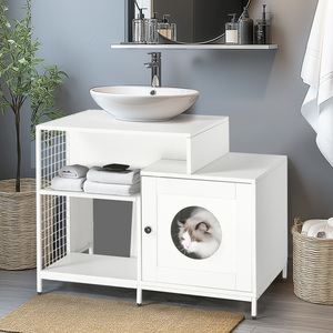 Caja de arena para gatos para baño, baño oculto para mascotas con divisor, casa interior para gatos grandes, blanco - Product Image 4