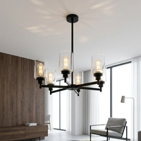 Lustre suspendu industriel vintage à 6 têtes, en fer noir mat, avec abat-jour en verre transparent, base E26 pour l'éclairage décoratif de la maison