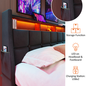 Cama de plataforma tapizada de tamaño completo con sistema de almacenamiento hidráulico, carga LED y USB - Product Image 3