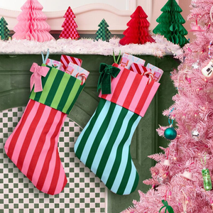 Chaussettes de Noël classiques personnalisées à rayures avec élégant nœud en velours, décoration de cheminée en toile pour les fêtes, cadeau familial - Product Image 1