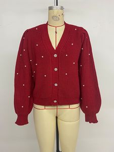Cárdigan navideño con botones en la parte delantera abierta, suéteres de perlas para mujer, chaquetas de cárdigan recortadas de manga larga abullonada - Product Image 6