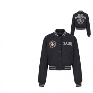 Women Crop Top Varsity <b>Jacket</b> 420 GSM Premium Cotton Fleece Charcoal Black Ribbed Trim Custom Chenille Embroidery <b>Patch</b> - Product Image 1