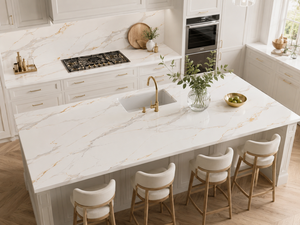 แผ่นควอตซ์พิมพ์ลาย Calacatta Golden Drift จาก UNION STONE ขนาดใหญ่ เป็นมิตรกับสิ่งแวดล้อม ดีไซน์ทันสมัย เหมาะสำหรับผนังห้องครัว พื้น และเคาน์เตอร์ - Product Image 1