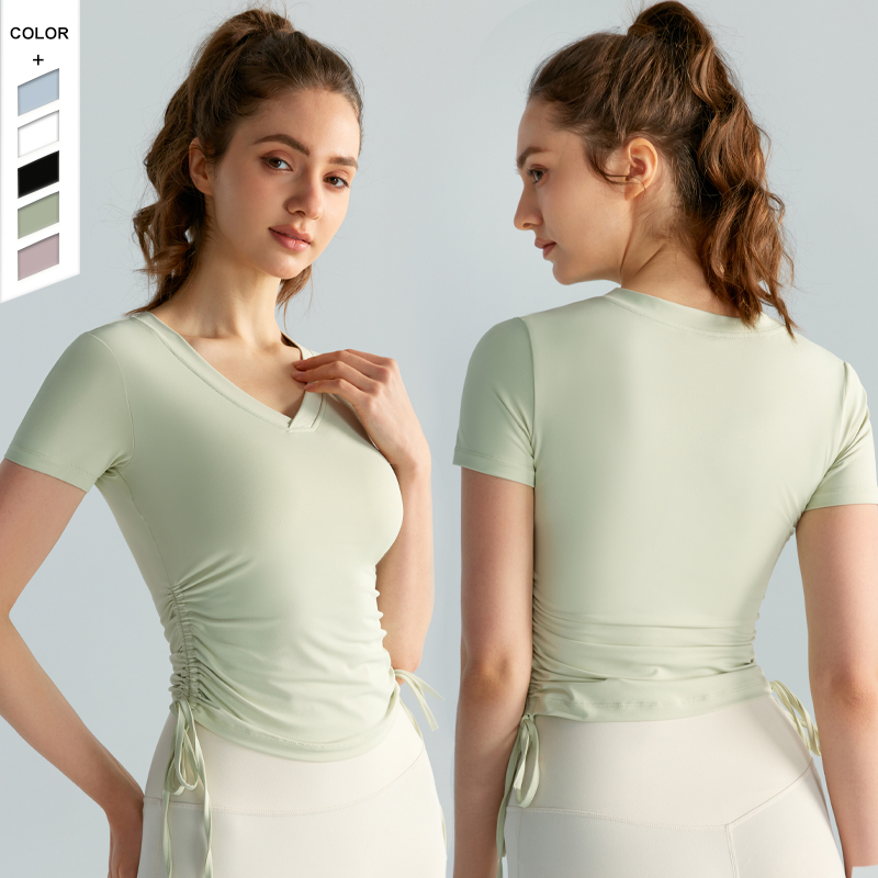 Spring/Summer Yoga Top Short Sleeved Folded Waist Leisure Sports Top Women's Comfortable Slimming Fitness Top