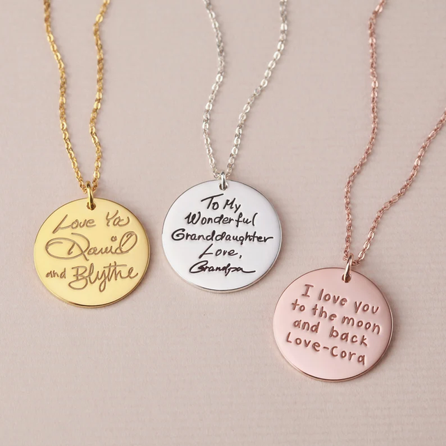 Custom Handwriting Necklace Engraved Actual Handwriting Circle Charm Necklace Signature Disc Necklace Memorial Necklace