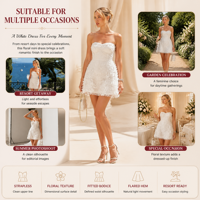 Robe Courte Élégante et Romantique sans Bretelles, Décolleté Cœur, Appliques Florales 3D, Taille Cintrée, Évasée en Dentelle, Idéale pour les Vacances et la Saint-Valentin