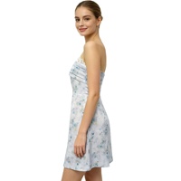 Robe Courte d'Été pour Femme, Modèle OEM ODM, Personnalisée, Bleue à Motifs Floraux, Sans Bretelles, Coupe Trapèze, Col en Dentelle, Fermeture Éclair au Dos, Idéale pour Cocktail