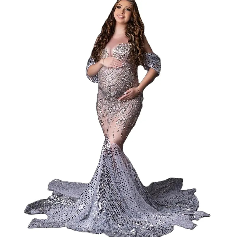 Verschönertes Strass-Umstands kleid Schwangere Requisiten Mutterschafts-Fotoshooting-Kleid Diamant kleid für Frauen