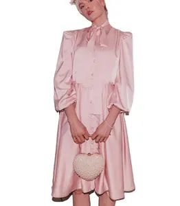 2023 Winter New Arrivals Fashion High Quality Women Puff Sleeve Pink Elegant Blank Satin Wedding Shirt Prom Midi Dress