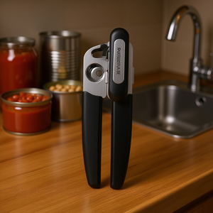 Abrelatas Fardeware de acero inoxidable, herramienta de cocina portátil manual con mango negro - Product Image 2