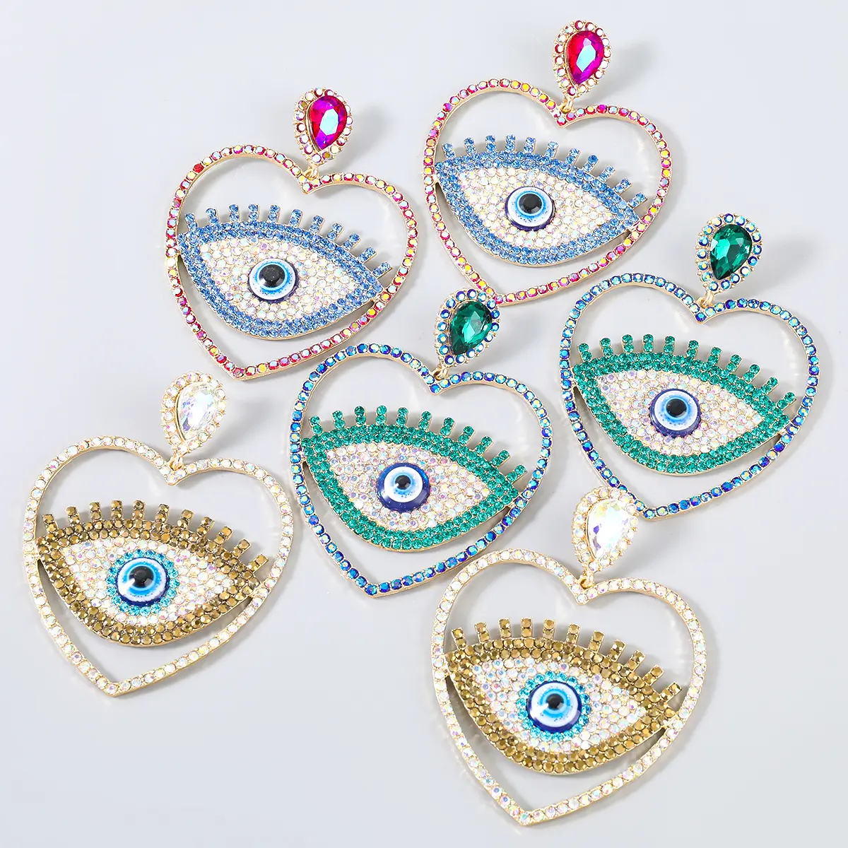 KL ODM Colorful Alloy Diamond Stone Resin Zircon Large Heart Eye Earrings
