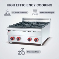 Estufa de Gas Comercial de Acero Inoxidable, 4 Quemadores, de Sobremesa, GLP/GNL, Equipo de Cocina, Fábrica OEM con Más de 20 Años de Experiencia