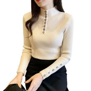 Suéter ajustado de manga larga para mujer de alta calidad, Top de estilo informal con cuello levantado, decoración de botones, logotipo delantero y trasero - Product Image 1