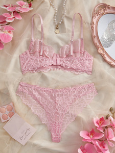 Pink Floral Lace Womens Intimates <b>Sexy</b> Lingerie <b>Set</b> Sheer Mesh Underwire Bra and Thong <b>Set</b> Elegant Womens Underwear <b>Set</b> - Product Image 2
