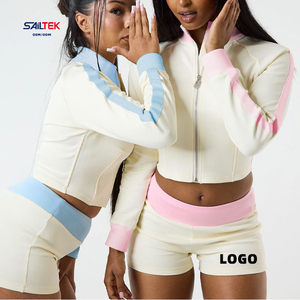 Completo Sportivo Donna Primavera 2026 con Logo Personalizzato, Giacca Crop Top con Zip e Pantaloncini Bicolore, Set Due Pezzi - Product Image 5
