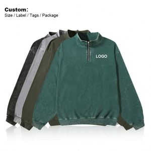 Men's Hoodie Coat Customized 100% Cotton <b>Retro</b> Washed Half Zipper Quarter Hoodie Stand Collar Blank <b>Sweatshirt</b> - Product Image 3