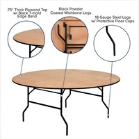 Table de banquet ronde moderne en bois pliable de 6 pieds avec plateau en bois laqué transparent et pieds en métal, capacité de 10 personnes