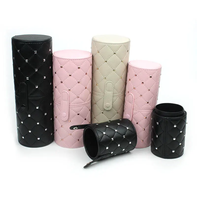 Hot Selling Cosmetic Brushes Organizer Cylinder 3 Colors Available PU Rivet Travel Makeup Brush Holder