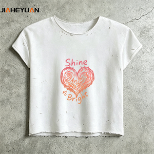 T-shirt court en coton épais pour femme, style streetwear, délavé à l'acide, bords effilochés, effet vieilli - Product Image 2
