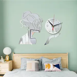 Creative 3D Stereo girl Acrylic Digital Mirror Wall Clock Stylish Living Room Sofa Mute Home Wall Sticker Wall Clock