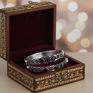 Classic Style Antique Finish 925 Silver Kada Bangles Handcrafted Ethnic Jewelry with Colorful Natural <b>Crystal</b> Detailing - Product Image 3