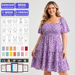 Service personnalisé OEM, robes à fleurs pour femmes, manches bouffantes courtes, col carré, détail plissé, robes midi pour femmes, élégantes - Product Image 1