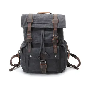 Korean style cheap school backbag leisure blank vintage canvas and genuine leather drawstring backpack