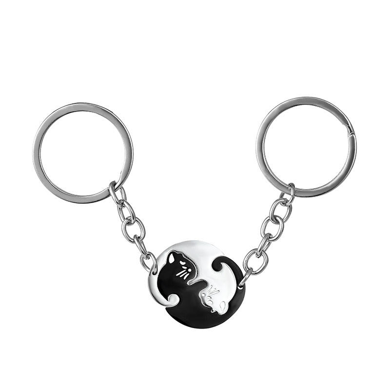round Black and White Cat Keychain Pair