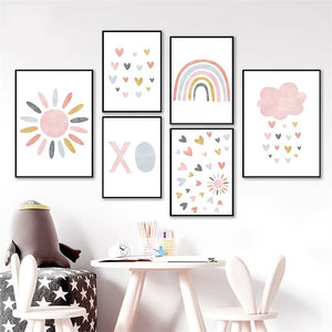 Stampa su Tela per Bambini con <span class=keywords><strong>Nuvole</strong></span> Rosa, Sole e Arcobaleno, Arte Murale per Cameretta, Poster Nordico per Decorazione Stanza dei Bambini - Product Image 2