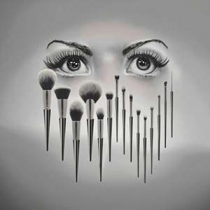 Ensemble de maquillage pour le visage de luxe multifonctionnel en poils synthétiques plats, 16 pièces, manche en bois, super doux, noir, pour les yeux, les joues et les lèvres - Product Image 2