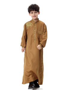 N041 Oriente Medio niño musulmán Color sólido poliéster Thobe Thawb bordado hecho a mano Daffah Thobe para niños <span class=keywords><strong>Haramain</strong></span> vestido islámico - Product Image 2